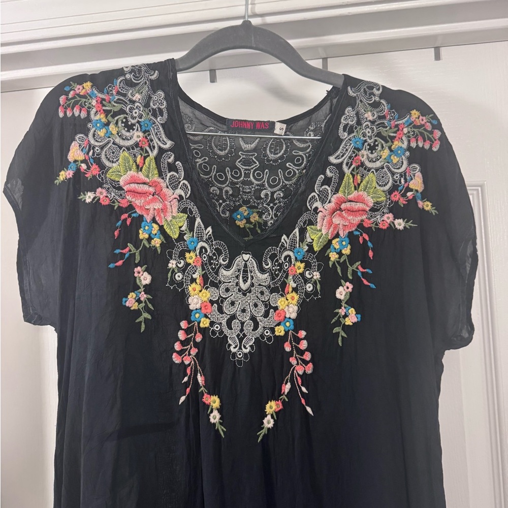 Johnny Was Black Tunic with Multicolor Floral Embroidery - Picture 2 of 8